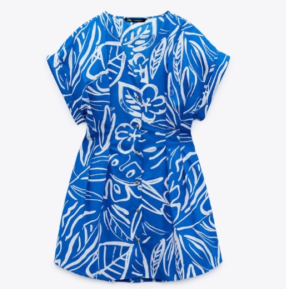 Zara blue cotton printed pleated mini dress - Picture 4 of 11